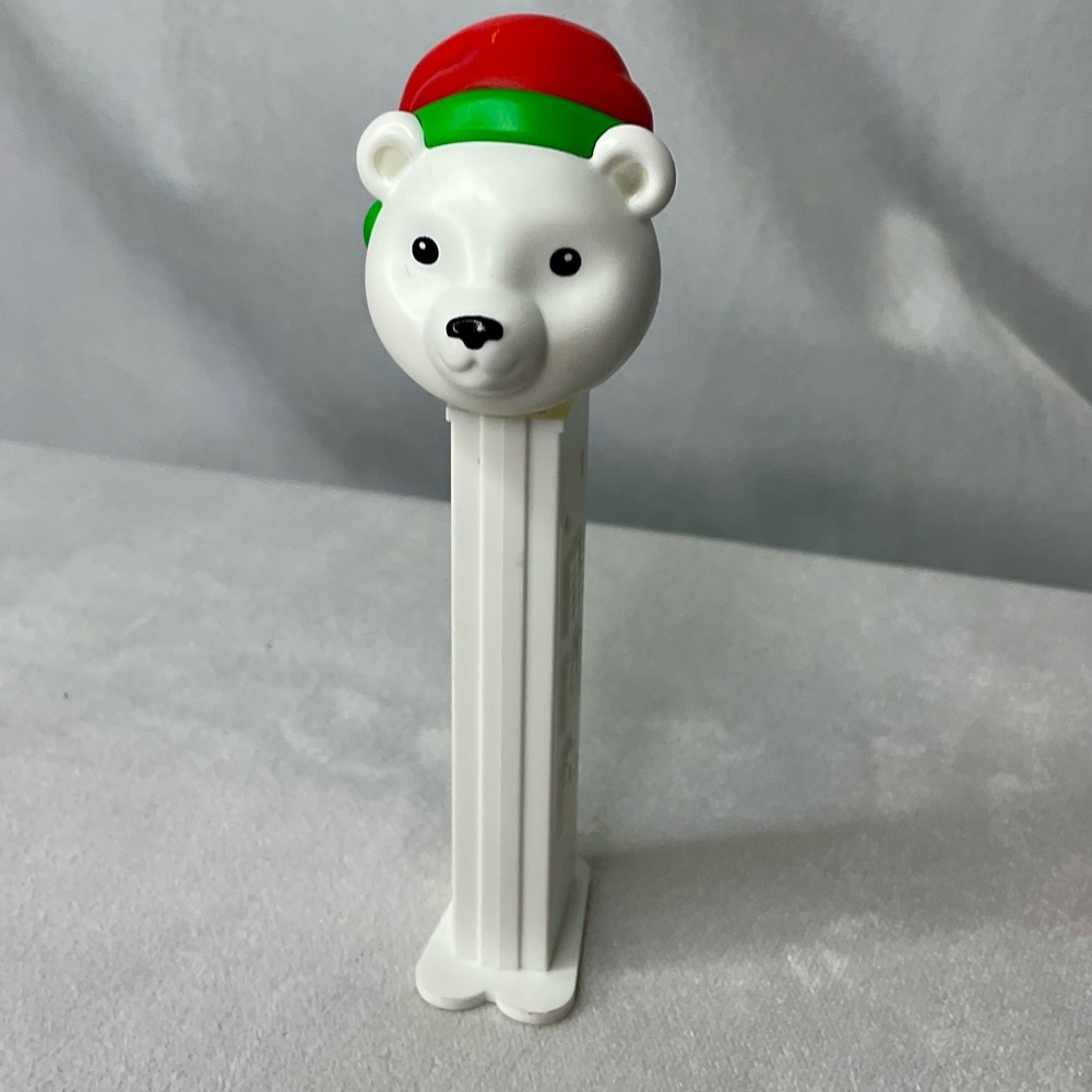 Pez Dispenser Christmas Polar Bear White Bear White Base Red Green Santa Hat